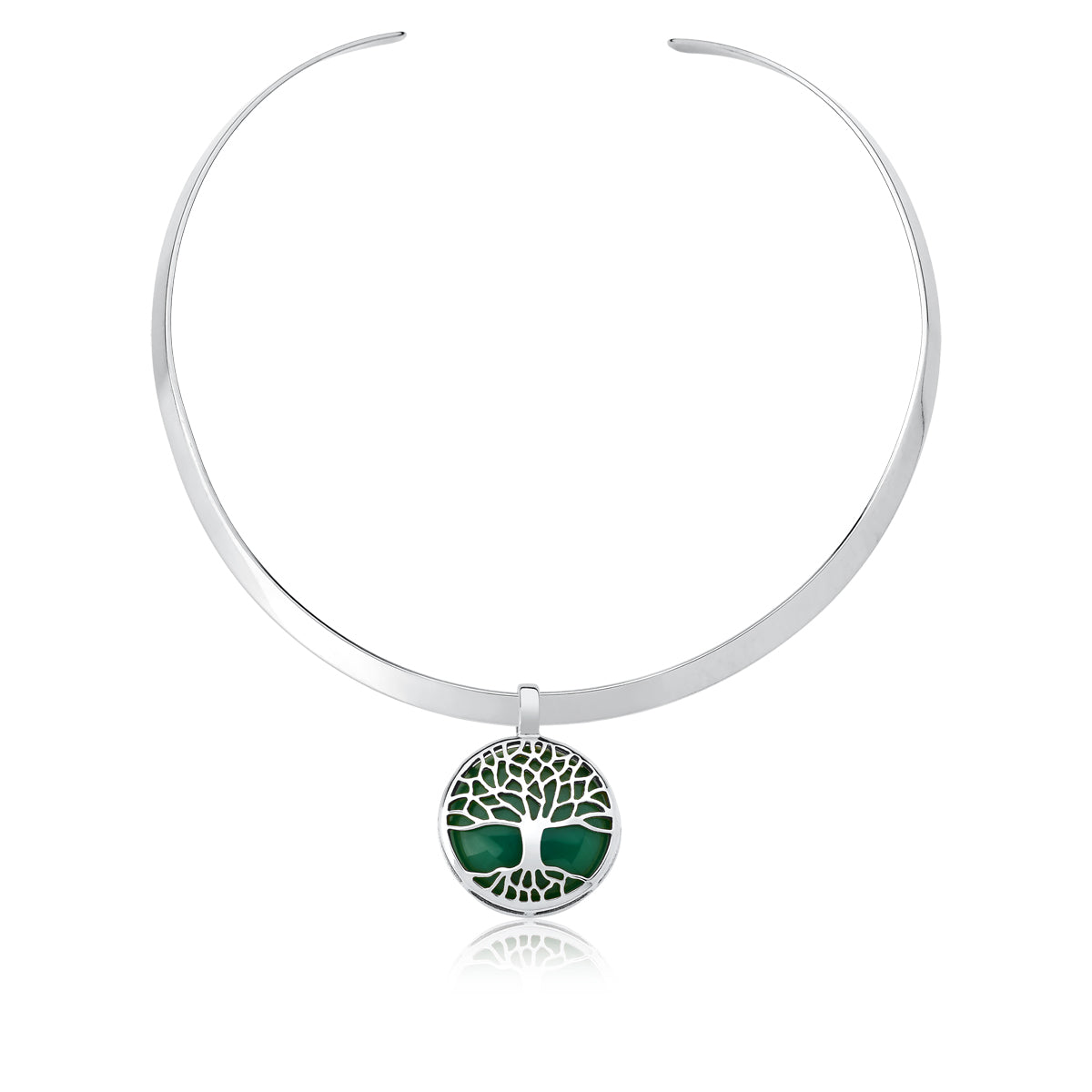 Tree of Life Choker Necklace in Green Agate Natural Gemstone | Rhodium Plated
