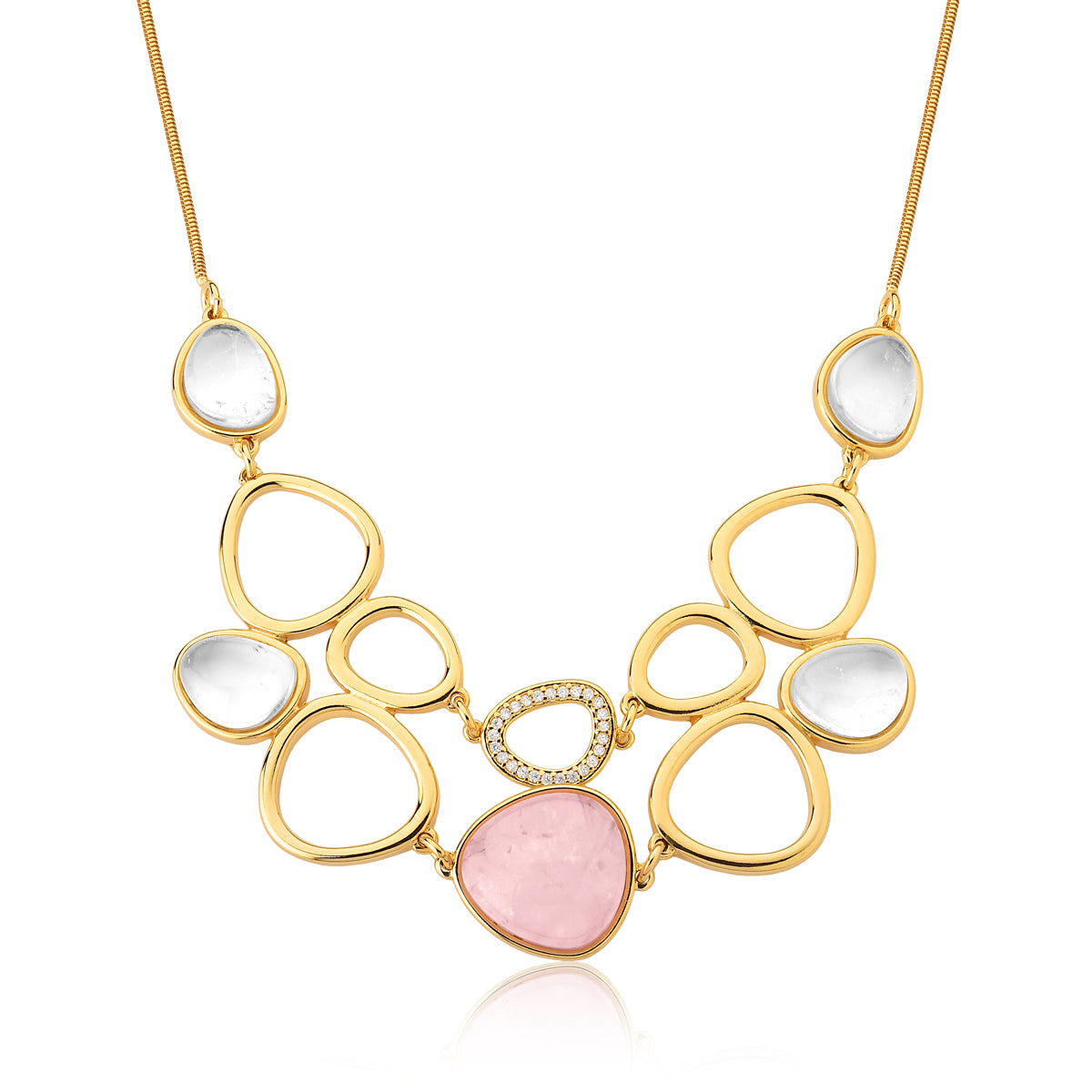 Statement Necklace in Rose Quartz and Rock Crystal Natural Gemstone &amp; Pave Clear Cubic Zirconia Studded | Gold Plated