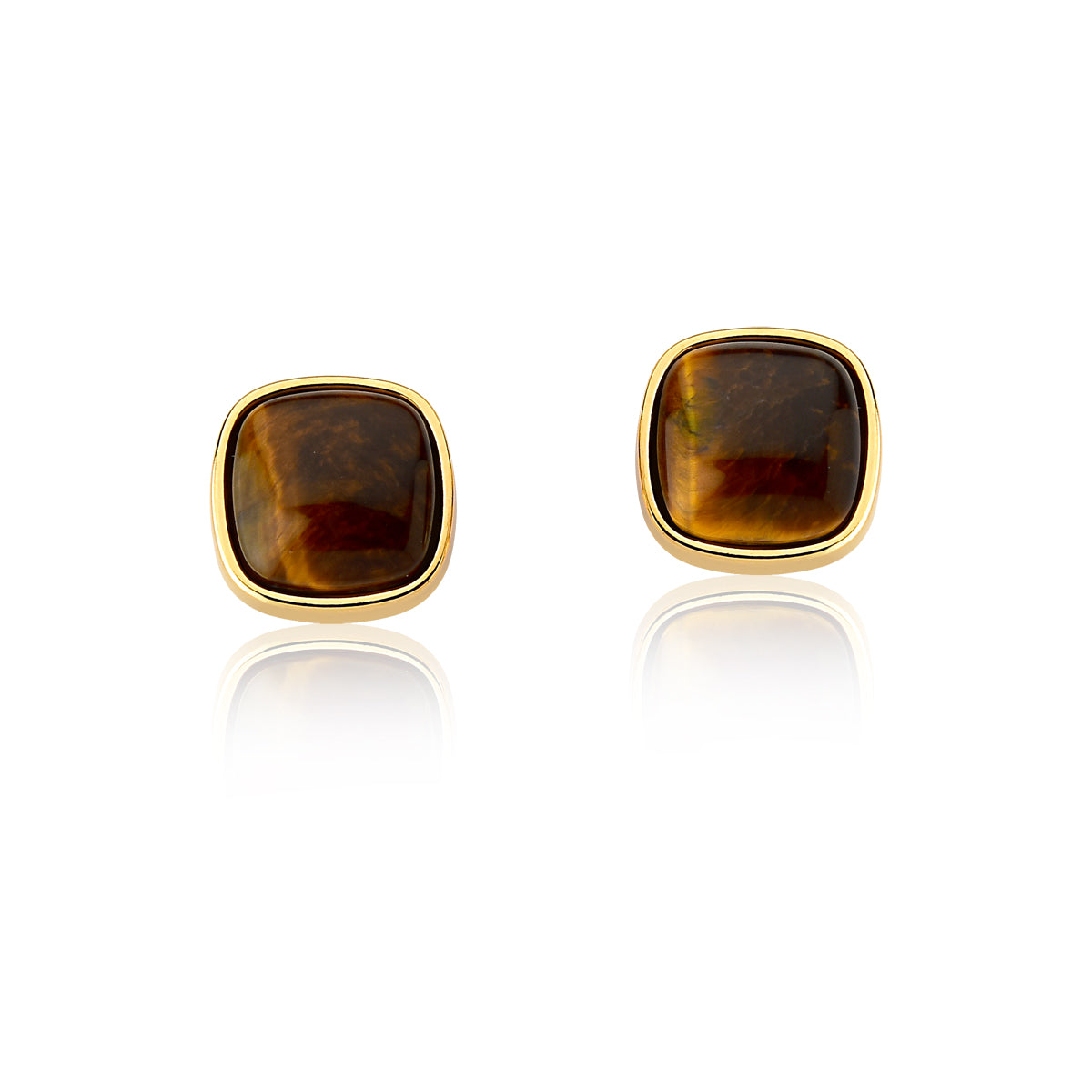 Stud Earrings in Tiger Eye Natural Gemstone | Gold Plated